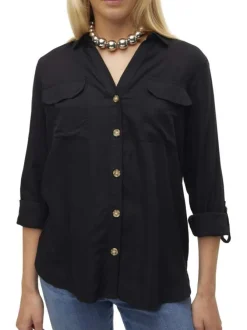 Chemisier noir uni avec un col chemise et des manches longues