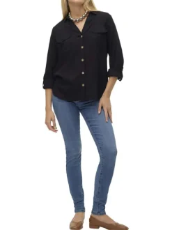 Chemisier noir uni avec un col chemise et des manches longues