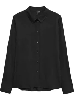 Chemisier noir uni avec un col chemise et des manches longues