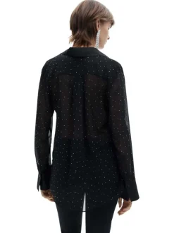 Chemisier noir uni avec une col français et une coupe droite à manches longues