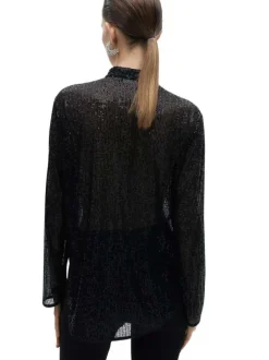Chemisier noir uni avec une coupe droite à col français et des manches longues