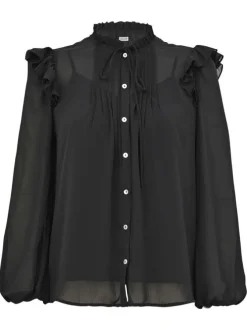 Chemisier noir uni avec une coupe fluide et un col montant à volants