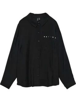 Chemisier noir uni à coupe droite avec un col à revers et une poche