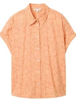 Chemisier orange fleuri coupe droite col français et à manches courtes