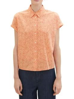 Chemisier orange fleuri coupe droite col français et à manches courtes
