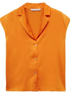 Chemisier orange satiné avec coupe droite col cranté et à manches courtes