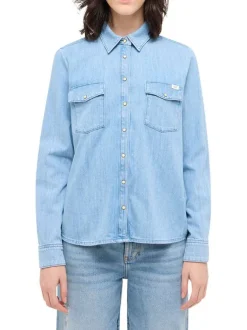 Chemisier Sedana en coton bleu uni droit à col français et boutons pression