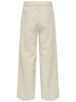 Chino en coton beige uni large et fluide aspect lin avec ceinture à la taille