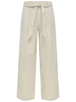 Chino en coton beige uni large et fluide aspect lin avec ceinture à la taille