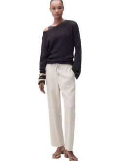 Chino beige clair uni à coupe droite et à taille élastiquée avec un lien