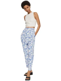 Chino écru fleuri bleu coupe regular avec lacet de nouage
