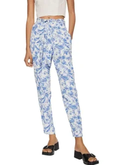 Chino écru fleuri bleu coupe regular avec lacet de nouage
