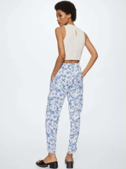 Chino écru fleuri bleu coupe regular avec lacet de nouage