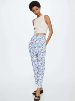 Chino écru fleuri bleu coupe regular avec lacet de nouage