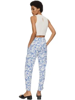 Chino écru fleuri bleu coupe regular avec lacet de nouage