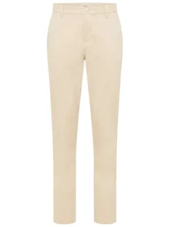 Chino en coton beige uni avec une coupe slim et des passants à la taille