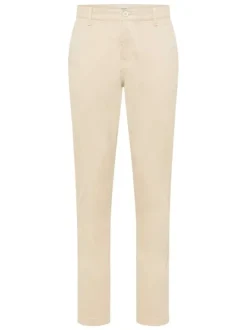 Chino en coton beige uni avec une coupe slim et des passants à la taille