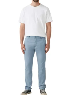 Chino en coton mélangé bleu uni à coupe slim avec une taille intermédiaire