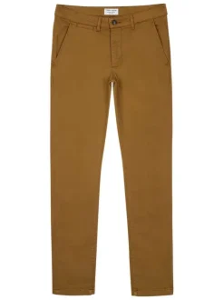 Chino en coton mélangé camel uni avec une coupe droite et des passants