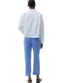 Chino en lin mélangé bleu ciel uni à coupe droite et à taille élastiquée