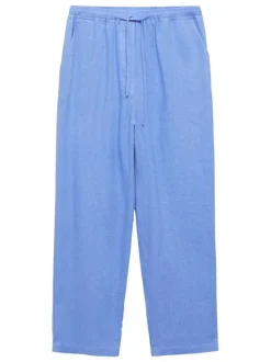 Chino en lin mélangé bleu ciel uni à coupe droite et à taille élastiquée