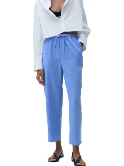 Chino en lin mélangé bleu ciel uni à coupe droite et à taille élastiquée