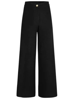 Chino noir uni en tweed à coupe bootcut, taille haute avec 1 bouton doré