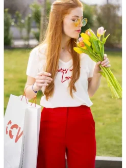 Chino rouge uni bootcut avec taille élastiquée à fronces et poches
