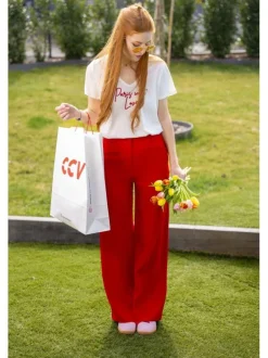 Chino rouge uni bootcut avec taille élastiquée à fronces et poches