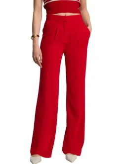 Chino rouge uni à coupe droite fluide et à taille haute avec des poches