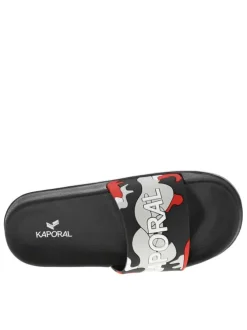 Claquettes noires avec logo et un imprimé camouflage sur le cou-de-pied