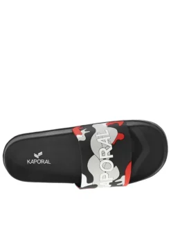 Claquettes noires avec un imprimé camouflage sur le cou-de-pied et logo