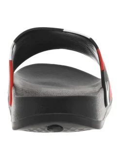 Claquettes noires avec un imprimé camouflage sur le cou-de-pied et logo