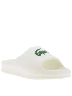 Claquettes blanc cassé avec logo de la marque floqué sur la bride