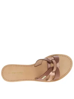Claquettes en cuir marrons à talon décroché bas avec le nom de la marque