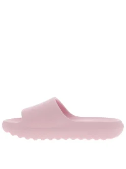 Claquettes roses à talon plat avec le logo de la marque embossé dans la semelle