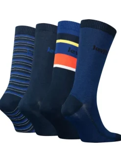 Coffret 4 paires de chaussettes hautes en coton stretch bleu marine et rayées