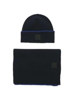 Coffret bonnet et écharpe en laine mélangée bleus marine unis