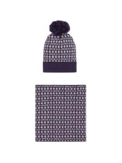Coffret bonnet et écharpe marine avec nom de la marque all-over