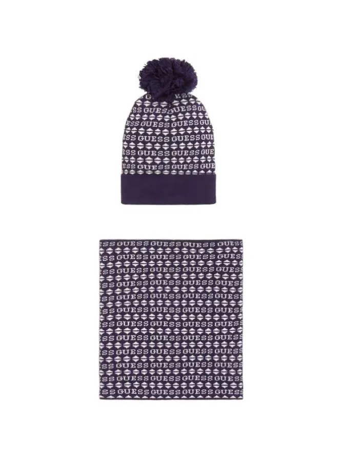 Coffret bonnet et écharpe marine avec nom de la marque all-over