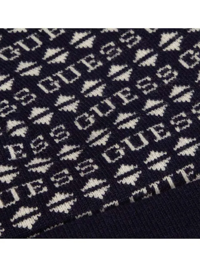 Coffret bonnet et écharpe marine avec nom de la marque all-over