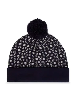 Coffret bonnet et écharpe marine avec nom de la marque all-over