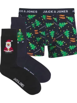 Coffret de Noël chaussettes et boxer en coton bleus nuit à motifs de Noël