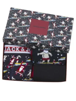 Coffret de Noël chaussettes et boxer en coton bleus nuit à motifs père Noël