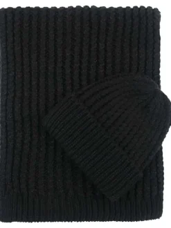 Coffret noir bonnet et écharpe en maille torsadée