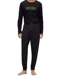 Coffret pyjama long en coton noir imprimé avec une coupe fermée un col rond