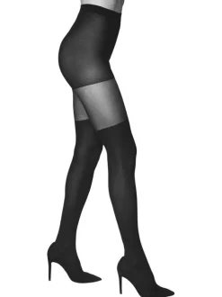 Collants noirs unis avec une découpe effets bas et ceinture tricotée