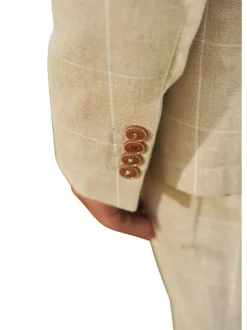 Costume beige uni en laine mélangée à trois pièces avec des poches