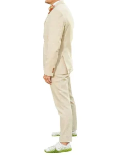 Costume beige uni en laine mélangée à trois pièces avec des poches