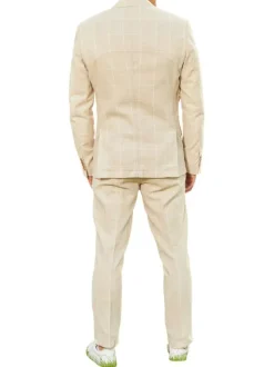 Costume beige uni en laine mélangée à trois pièces avec des poches